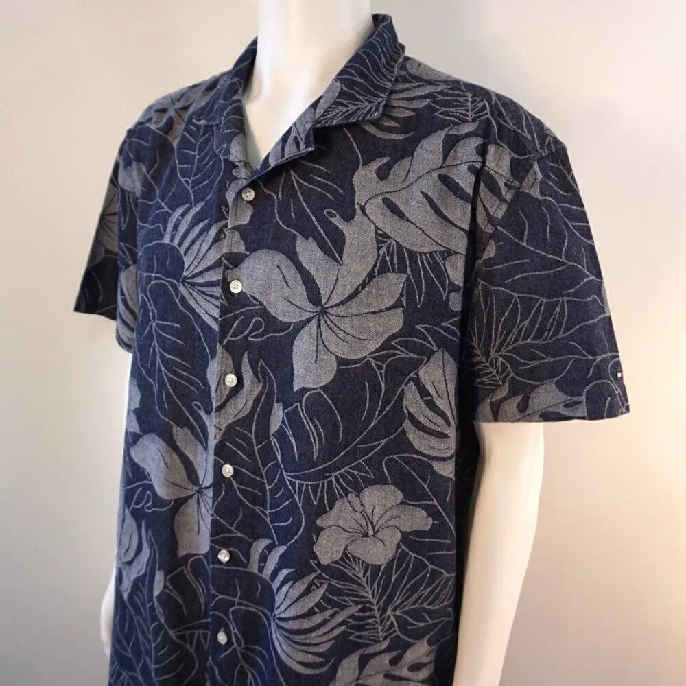 Tommy Hilfiger Mens XXL Shirt Hawaiian Leaf Print Slim Fit Short Sleeve